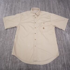 Bugle Boy Company Button Down Shirt Mens M Tan Short Sleeve Cotton Twill